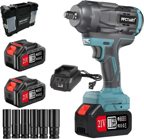 Miniatura 9 de Kit de llaves de impacto sin escobillas de 1/2 pulgada 800 Nm, 2 baterías de 4.0 Ah, 6 enchufes, caja de herramientas de almacenamiento