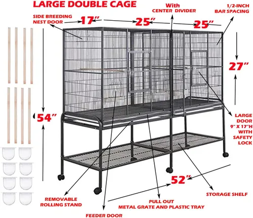 Gran jaula doble con divisor central para pájaros, casa del árbol, jaula de vuelo para loros, rejilla para cría, comedero, puertas laterales para