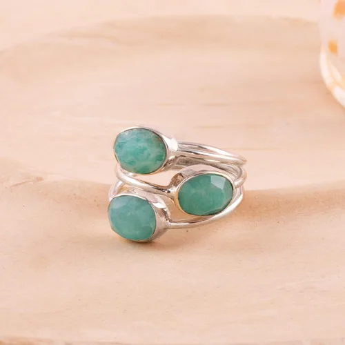 Miniatura 3 de Amazonite - Anillo de plata de ley 925 maciza hecho a mano con 3 piedras