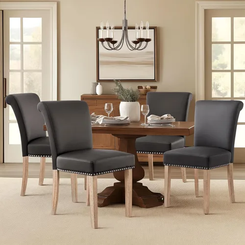 CHUN YI Juego de 4 sillas de comedor tapizadas de piel sintética con ribete de cabeza de clavo y patas de madera, sillas laterales Parsons modernas