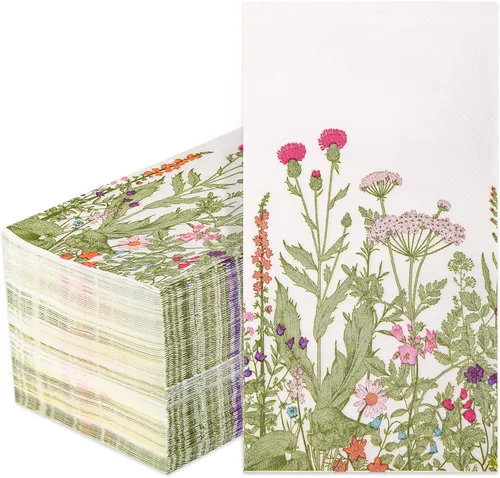Miniatura 8 de 100 servilletas de papel de flores silvestres desechables florales de 3 capas, servilletas vintage botánicas de hojas verdes, hierbas, toalla