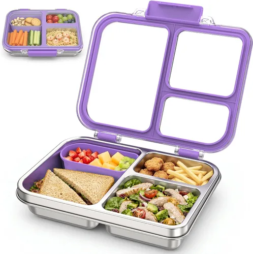 Miniatura 9 de Lonchera Bento de acero inoxidable para niños, lonchera metálica de 3 compartimentos con tapa transparente y silicona extraíble, lonchera para niños