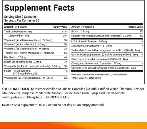 Miniatura 9 de DrBioCare Suplemento de probióticos de L-carnitina, contiene L-carnitina, probióticos, café verde en polvo, extracto de yerha mate, extracto