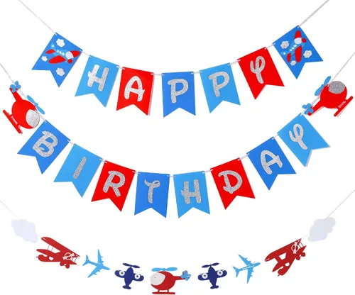 Miniatura 2 de Cartel de cumpleaños de avión y decoración de guirnalda para aviador, aviación, fiesta temática de cumpleaños, pancarta de fieltro con purpurina