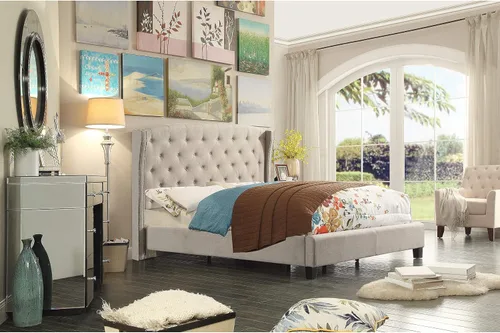 Miniatura 13 de Rosevera Atherine - Marco de cama tapizado de tela con cabecera ajustable, estilo Chesterfield, cabeza enrollada, soporte de listones de madera