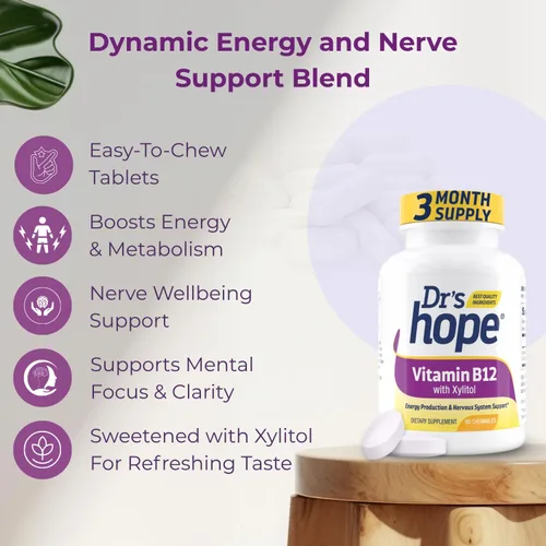 Miniatura 8 de Dr's Hope Vitamina B12-1000 mcg, 90 cápsulas masticables Aumenta el metabolismo, la producción de energía, el apoyo del sistema nervioso 90