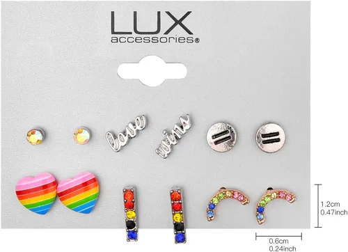 Miniatura 4 de Lux Accessories Juego de 6 aretes de tuerca Rainbow Equal Love Gay Pride, Diamante de imitación