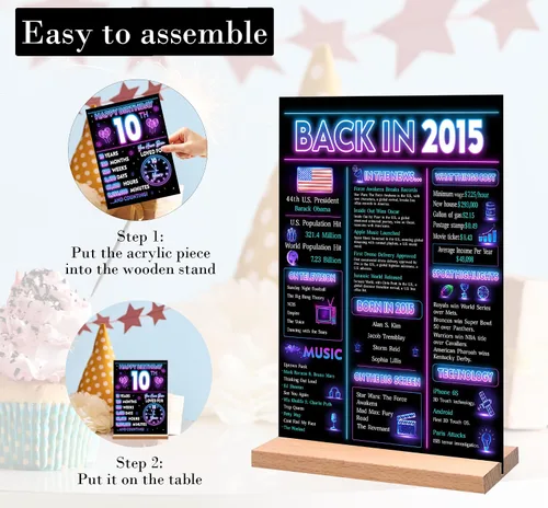 Miniatura 4 de Decoración de fiesta de cumpleaños número 10 para niño, póster de decoración de cumpleaños de neón en 2015, letrero de mesa acrílico, suministros