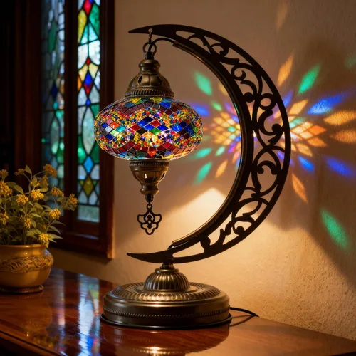 Lámpara Turca, Lámparas Únicas, Lámpara de Mesa de Mosaico en Forma de Luna, Pantalla de Lámpara Marroquí Hecha a Mano Antigua Bohemia Vintage,