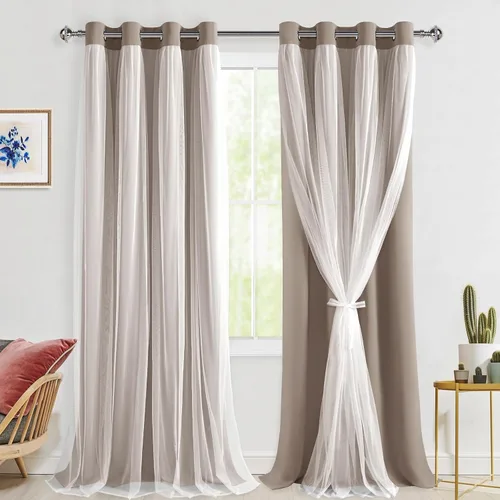 Miniatura 11 de Hiasan Cortinas opacas con superposición transparente, aislamiento térmico para mezclar y combinar de doble capa, cortinas de oscurecimiento de Beige