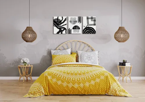 Miniatura 3 de Arte de pared abstracto bohemio en blanco y negro, 3 piezas, lienzo estirado y enmarcado, pintura de tinta fluida negra, arte de pared de línea