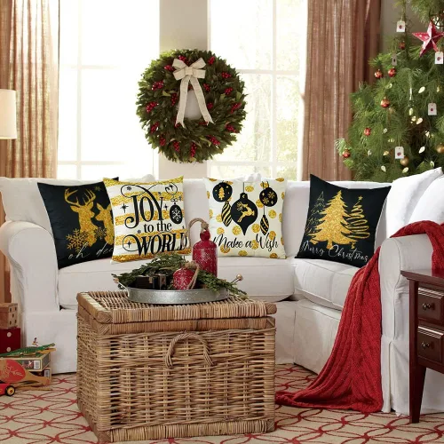 Miniatura 8 de OTOSTAR Juego de 4 fundas de almohada doradas de Navidad de 18 x 18 pulgadas para decoraciones de Navidad, alce negro y dorado, para árbol de Negro
