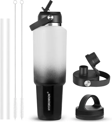 Miniatura 51 de HYDROWION Botella de agua de acero inoxidable, 32 onzas, boca ancha, doble pared, aislada al vacío, con tapa de pajilla, tapa de boquilla y tapa
