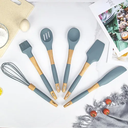 Miniatura 3 de Juego de utensilios de silicona de 6 piezas con mango de madera, kit de utensilios de cocina de cocina, accesorios de cocina duraderos antiarañazos
