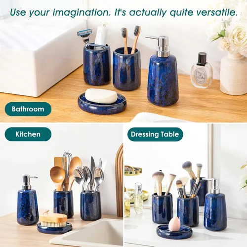 Miniatura 5 de vancasso Juego de accesorios de baño azul, juego de dispensador de jabón de cerámica y soporte para cepillos de dientes, juego de 4 piezas de loza