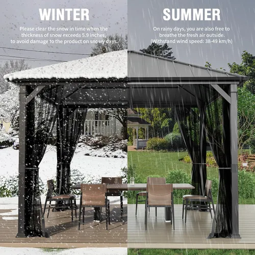 Miniatura 8 de UDPATIO Gazebo de techo rígido de 10 x 10 pies, glorieta de metal para exteriores con techo de acero galvanizado, pabellón permanente con malla