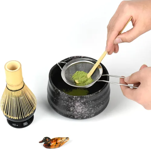 Miniatura 5 de Artcome Kit de ceremonia de matcha para ceremonia de té japonesa, cuenco tradicional de matcha, batidor, cuchara de té, colador de polvo matcha, Cian