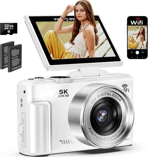Miniatura 8 de Cámara digital 5K para fotografía, cámara WiFi de 75 MP para YouTube con pantalla abatible de 180° de 3 pulgadas, cámara de video de enfoque Negro