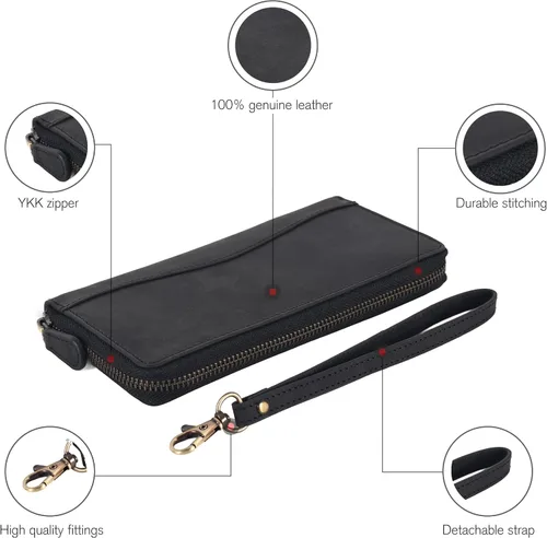 Miniatura 3 de Oak Leathers Cartera de cuero para mujer – Cartera Clutch RFID para mujer con 8 portadores de tarjetas de crédito, bolsillo para monedas, regalo