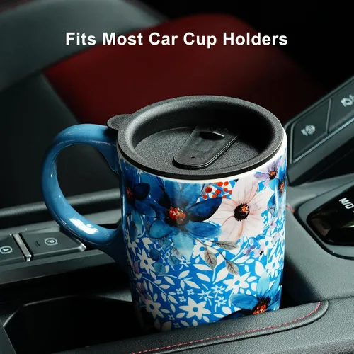 Miniatura 5 de Taza de viaje de cerámica Topadorn con asa y tapa deslizante resistente a salpicaduras, adecuada para café y té, apta para microondas y Azul
