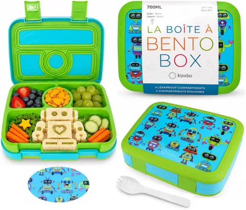 kinsho Lonchera Bento para niños pequeños, 4 secciones seguras, charola extraíble sin BPA, contenedor de refrigerios y almuerzos para niños de Robot