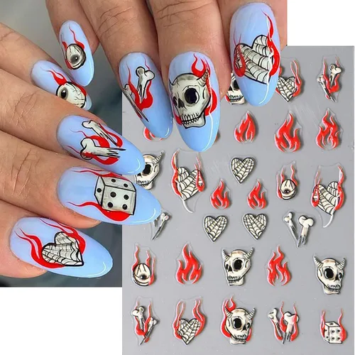 Miniatura 12 de 6 hojas de calcomanías de arte de uñas de Halloween, 5D estéreo, autoadhesivas, diseño de ojos holográficos, fantasma, llama, calabaza, día