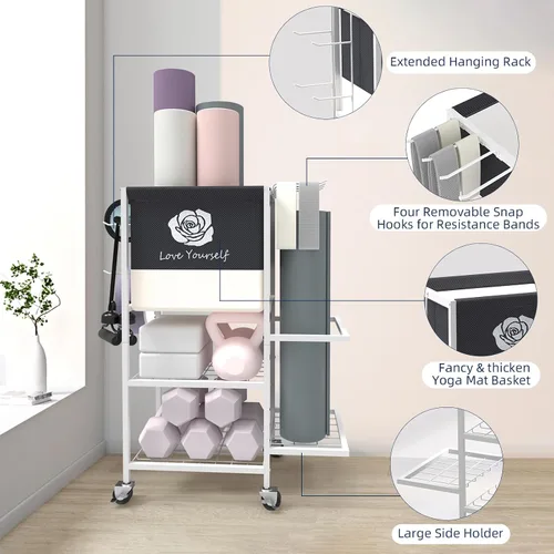 Miniatura 2 de Estante de Almacenamiento para Esterilla de Yoga, Estante de Almacenamiento para Gimnasio en Casa, Organizador de Almacenamiento de Equipo de Blanco