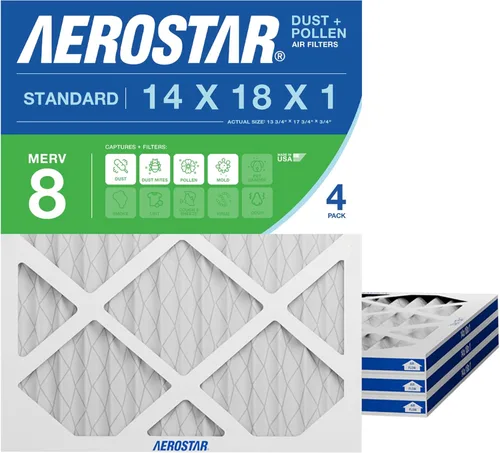 Aerostar Filtro de aire MERV 8 de 14 x 18 x 1, paquete de 4 filtros de horno HVAC, electrostático MPR 600 y FPR 5 (tamaño real: 13 3/4 x 17 3/4 x