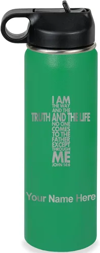 Miniatura 37 de LaserGram Botella de agua de doble pared abatible de 12 onzas con pajilla, versículo bíblico John 14-6, grabado personalizado incluido