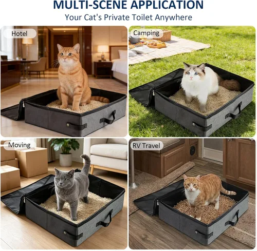 Miniatura 2 de HiCaptain Caja de arena portátil para gatos, caja de arena de viaje para gatos con tapa y asa, transportador de arena plegable portátil estándar