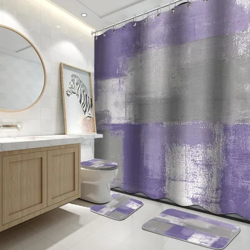 Lnond 4 Piezas Juegos de Cortinas de Ducha de Baño Moradas con Alfombras, Arte de Pintura Púrpura y Gris Juegos de Baño con Cortina de Ducha y