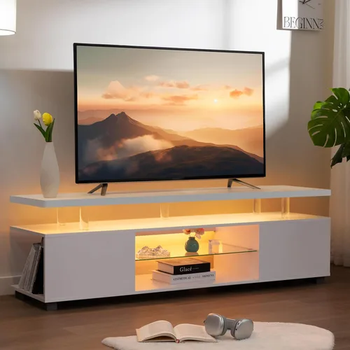 Miniatura 8 de Cubehom Soporte de TV negro, soporte de TV LED para sala de estar, centro de entretenimiento de cristal, mesas de consola de TV para sala de estar