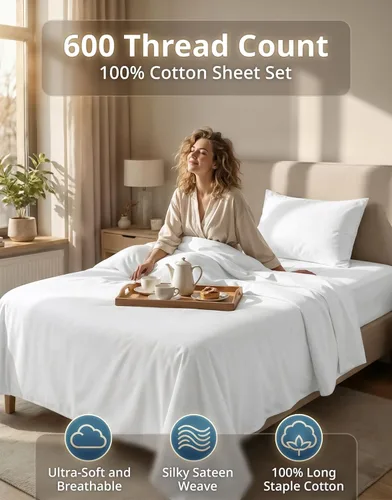 Miniatura 2 de LANE LINEN - Sábanas de tamaño individual, 100% algodón, satén de 600 hilos, bolsillo profundo, 3 piezas, suaves, transpirables, de lujo