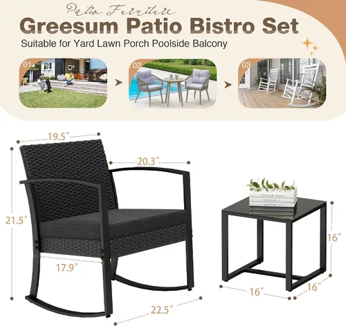 Miniatura 7 de Greesum Juego de muebles de exterior de 3 piezas para patio, bistró, mecedoras con mesa de centro de cristal para piscina, playa, patio, balcón