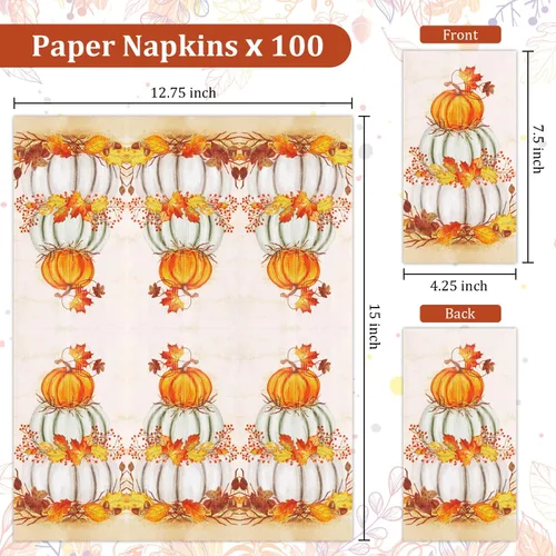 Miniatura 3 de Quera - 100 servilletas de papel para invitados de Acción de Gracias, calabazas, servilletas de papel desechables de otoño, toallas de mano de papel