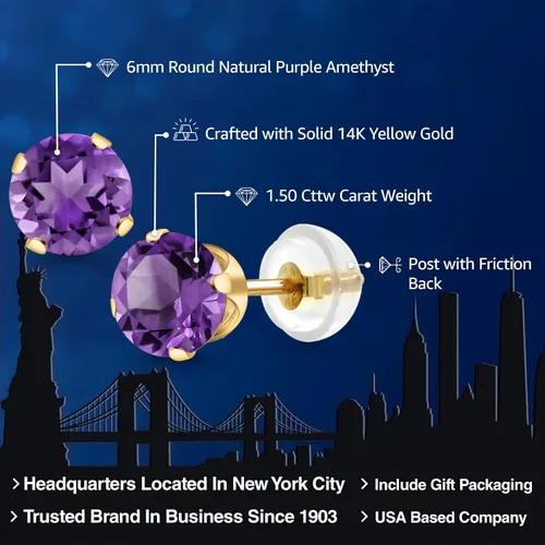 Miniatura 236 de Gem Stone King Aretes solitarios con piedra natal de oro de 14 quilates Redondos de 0.236 in Aretes de oro para mujeres y hombres