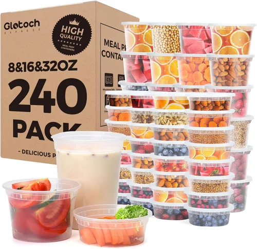 Miniatura 10 de Glotoch - Juego de 48 recipientes de plástico para almacenamiento de alimentos y bebidas de 8 onzas, 16 onzas y 32 onzas con tapas, aptos