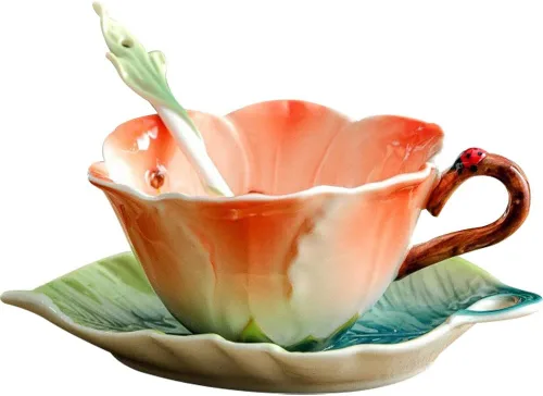 WAYUTO Juego de taza de café y platillo de cerámica 3D con cuchara, hoja de flor, taza de café, taza de té con mango decorativo, tazas florales Rosa