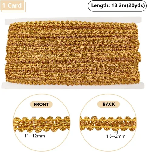 Miniatura 2 de PandaHall Gimp - Ribete trenzado de tela de ciempiés dorado, 22.5 yardas, cinta trenzada, ajuste de encaje metálico, para bodas, novias, disfraces