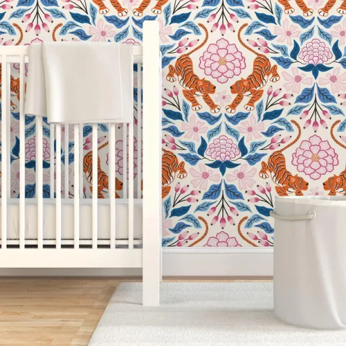 Miniatura 6 de Papel tapiz autoadhesivo para despegar y pegar, Maximalist Tropical Jungle Damasco, exótico, botánico, floral, tigre, rosa, azul, papel tapiz