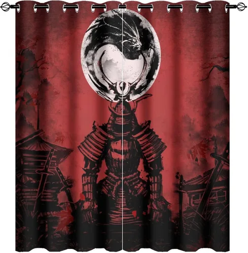 Miniatura 31 de Cortinas opacas abstractas japonesas samuráis para dormitorio, caballo samurái rústico, rojo, ojal, aislamiento térmico, cortinas de oscurecimiento