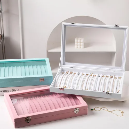 Miniatura 6 de Frebeauty Bandeja de collares de terciopelo con tapa transparente con cerradura para collares, caja organizadora de joyas para colgantes, cadenas