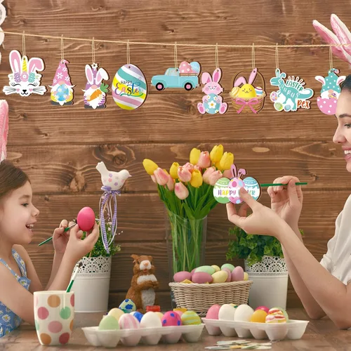 Miniatura 3 de Chunful 30 adornos de Pascua para árbol, feliz Pascua, adornos colgantes de madera, huevos de primavera pastel, zanahoria, conejo, cesta de árbol