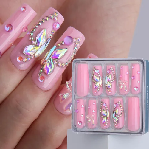 Miniatura 19 de Uñas postizas largas a presión, cuadradas, francesas, nude, rosa, lazo de lujo y diamantes de imitación de flores 3D, 24 unidades, uñas brillantes