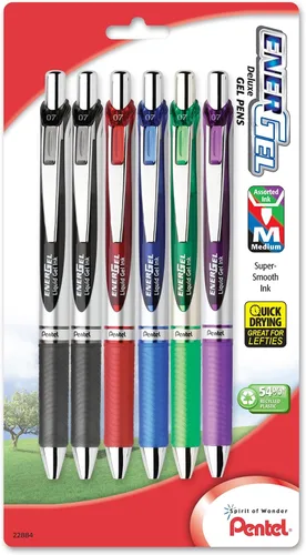 Pentel EnerGel Deluxe RTX - Bolígrafos de tinta de gel (¹/₃₂ pulgadas), punta metálica, colores surtidos, 6 unidades (BL77BP6M)
