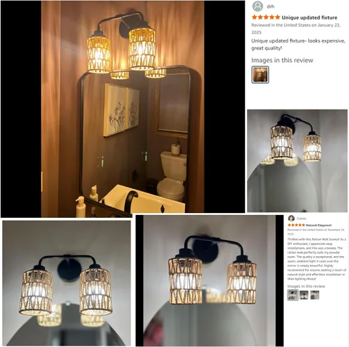 Miniatura 9 de Lámparas de baño bohemias, luces rústicas de tocador de 2 luces sobre el espejo, iluminación de ratán de granja con persianas tejidas a mano