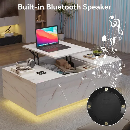 Miniatura 8 de Mesa de Centro LED Moderna de 47" con 2 Cajones, Mesa Central de Doble Capa de Alto Brillo con Carga Inalámbrica y Altavoz Bluetooth Integrado, Mesa