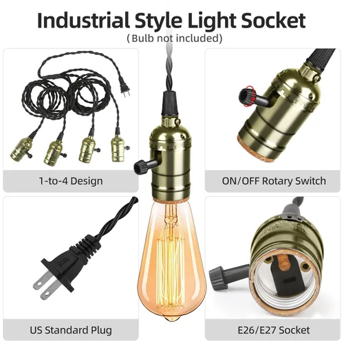 Miniatura 3 de Kit de lámpara colgante enchufable vintage con 1 a 4 enchufes colgantes E26/E27, lámpara colgante industrial con interruptores giratorios Bronce