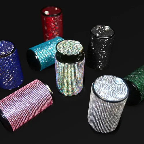 Miniatura 5 de Cenicero portátil con tapa, a prueba de olores, cenicero de automóvil de diamantes de cristal para mujeres, mini bote de basura ideal para Negro