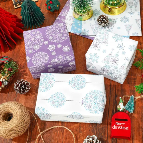 Miniatura 4 de 12 hojas de papel de regalo de Navidad de invierno, papel de regalo de copo de nieve azul morado para manualidades, embalaje de regalo, 19.7 x 27.6
